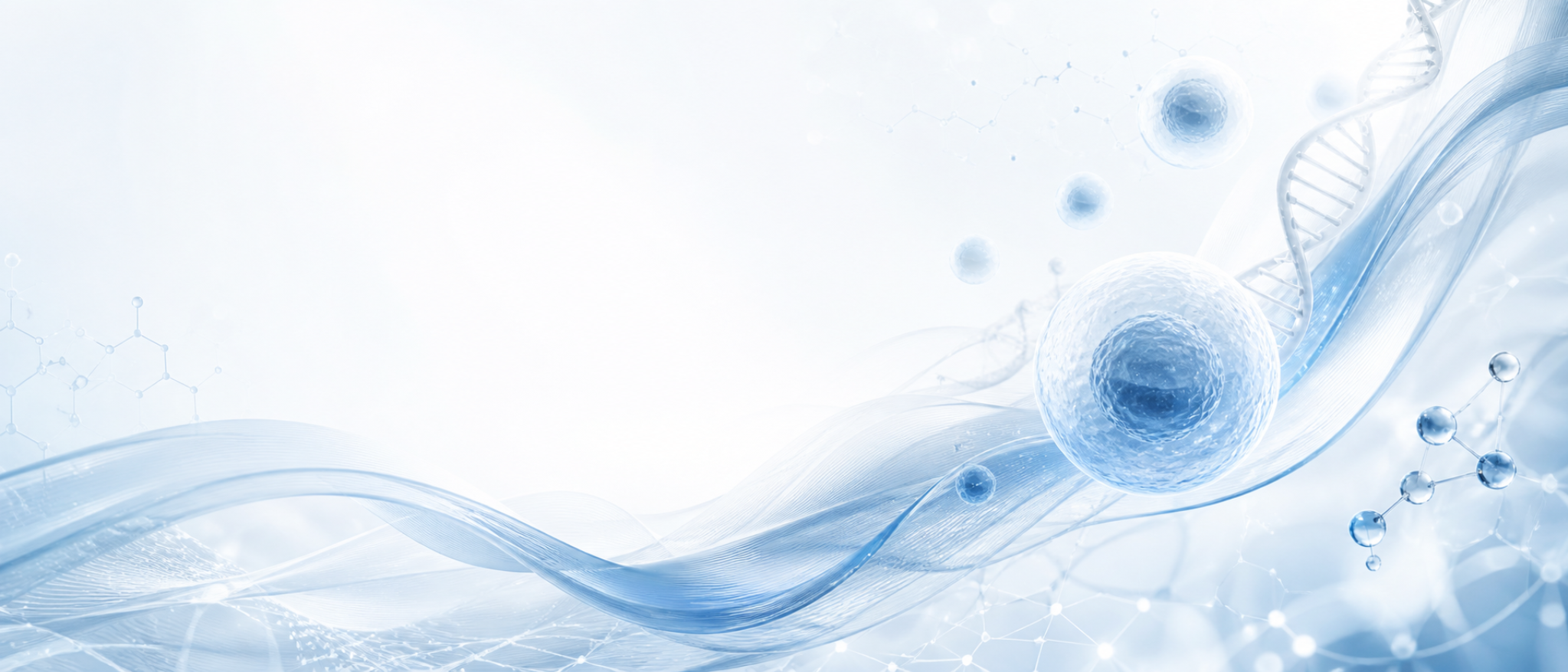 Abstract biomedical illustration with translucent cells, molecular structures and blue scientific waves